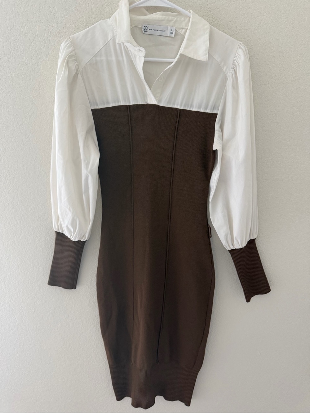 New York & Company White and Brown Two-Tone Collared Knit Dress